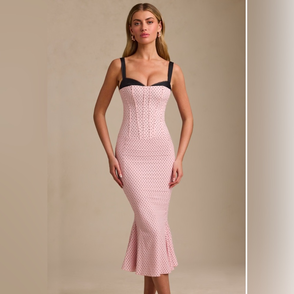 Oh Polly Valentina Layered Bra-Detail Fishtail Midaxi Dress in Pink Polka Dot